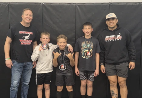 Coach Owen, Coach Fuji and wrestlers at Folkstyle State at Crismon High School in Queen Creek, AZ